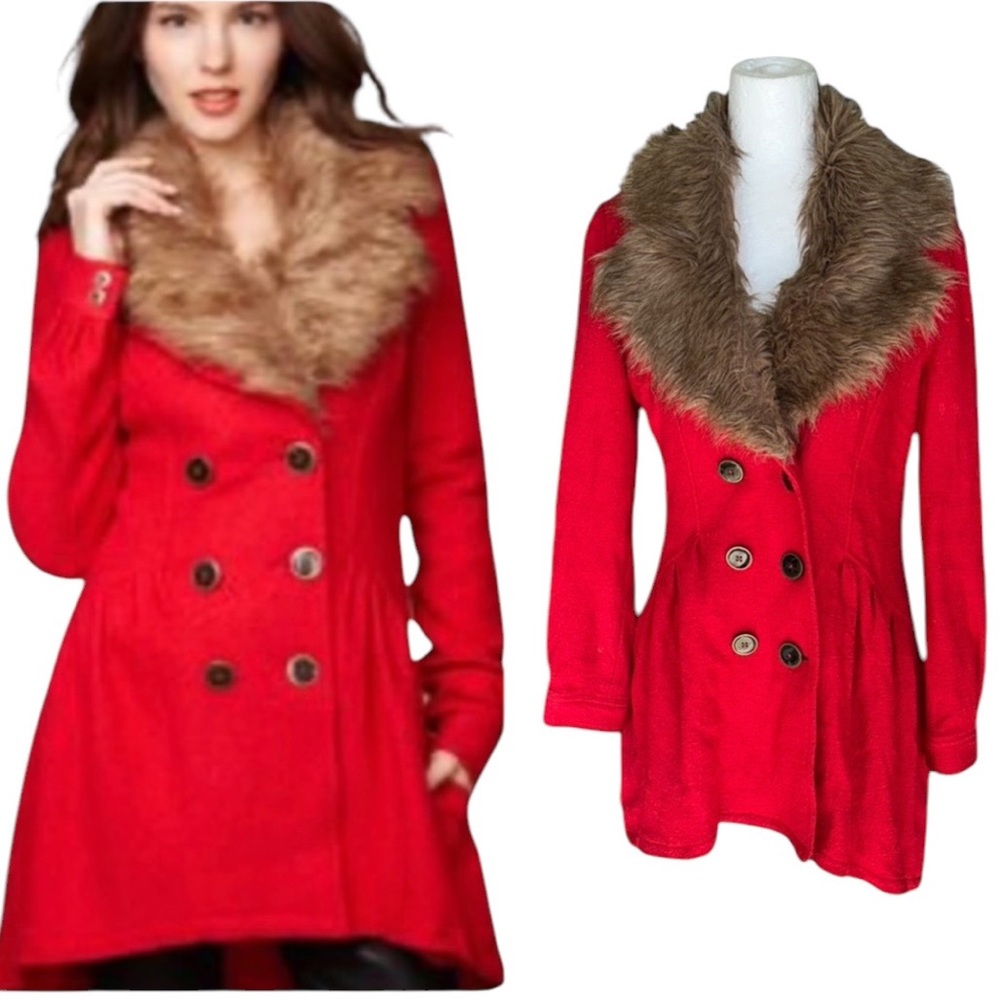 RARE Free People Vintage Red Wool Faux Fur Trim Collar Peplum Pea Coat - 6